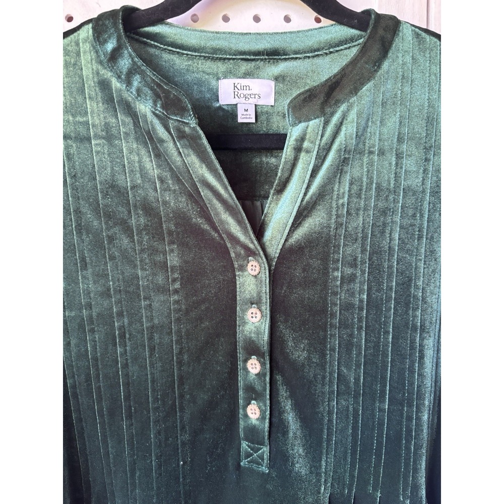 Kim Rogers Womens M Velvet Green V Neck Henley Pleated Tunic Blouse 3/4 SLV - Picture 3 of 6
